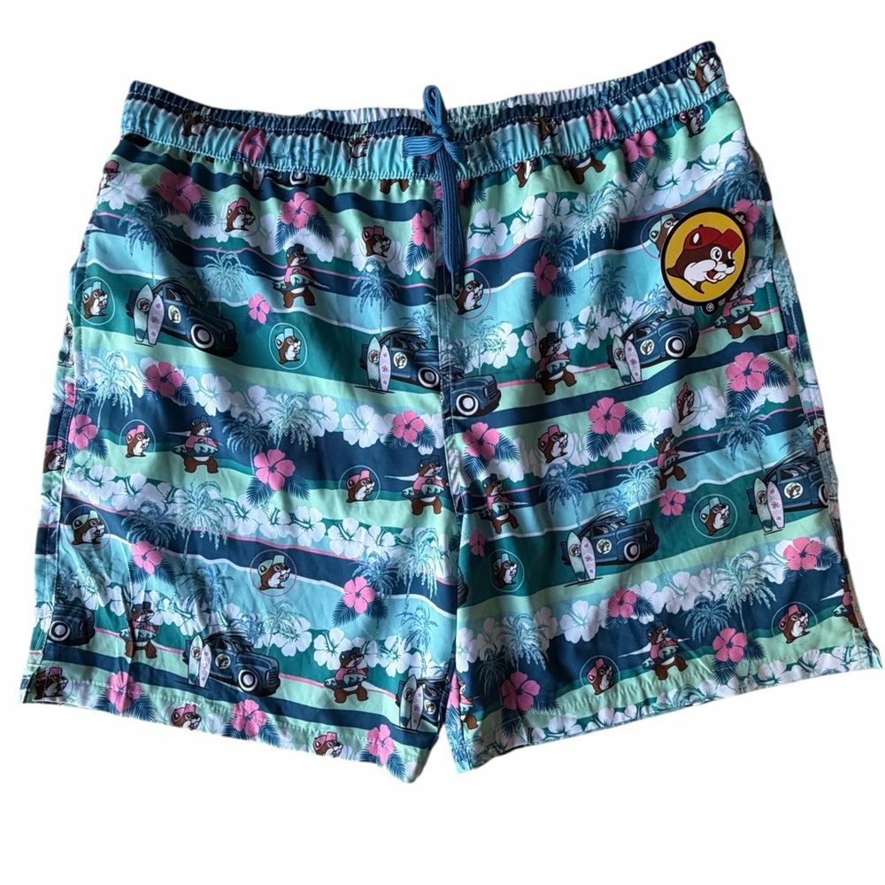 NEW Buc-ee’s Mens Tropical Surfer Hawaiian Surfboard Swim Trunks Shorts, XXL